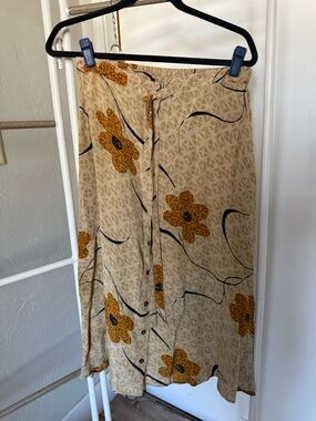 Vintage Beige Midi Skirt with Mustard Floral Accents